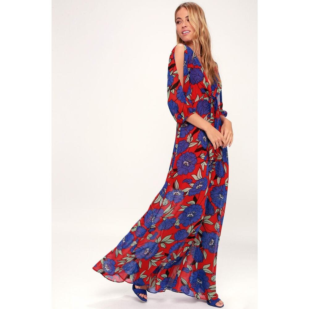 Lulus Blossoming Lovely Red Floral Maxi Dress Size Small